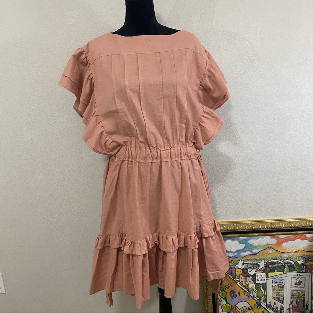 Elf 100% Linen Made in Indonesia  Ruffled Pink Dress Side Waist Ties Tiered XXXL